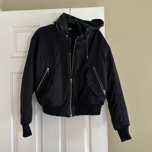 TNA bomber jacket with detachable leather hood
